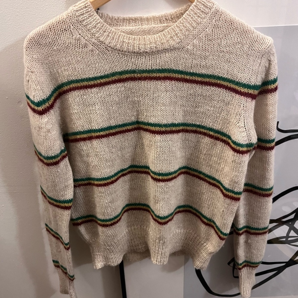 Isabel Marant Cream Striped Crewneck Sweater with Green & Burgundy Stripes SZ XS